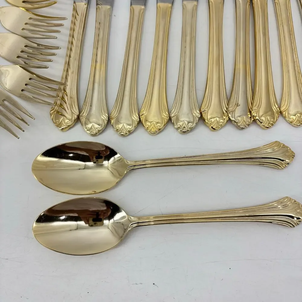 Gold Tone Flatware Stainless Fork Hollywood Regency 53 Pieces Vintage